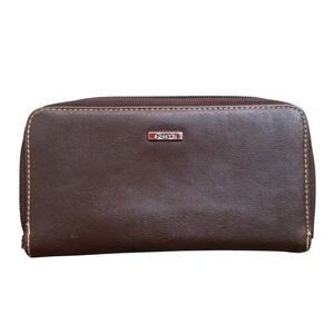 Rosetti Brown Faux Leather Zip Around Wallet Silver Logo Contrast Stitching‎